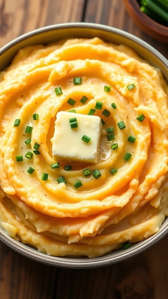 Creamy Mashed White and Sweet Potatoes Recipe Creamy mashed white and sweet potatoes garnished with chives in a rustic bowl.